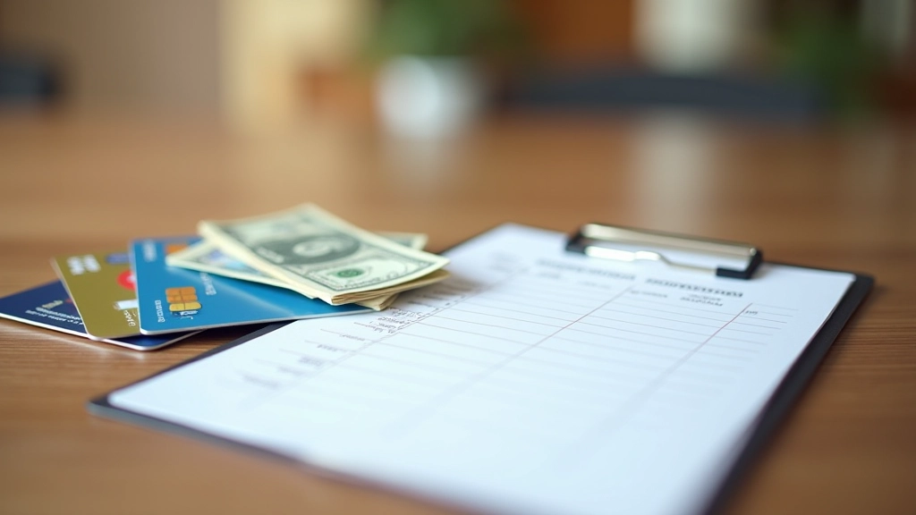 Tarjetas bancarias y dinero en efectivo sobre superficie de madera, portapapeles con lista de gastos, composición organizada