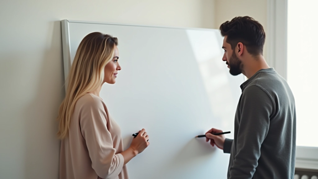 Pareja escribiendo metas financieras en pizarra, colores y símbolos de objetivos variados