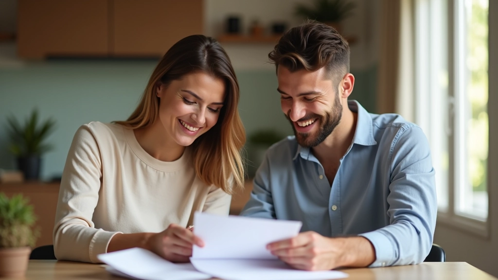 Pareja joven revisando documentos financieros en casa, sonriendo mientras planifican juntos