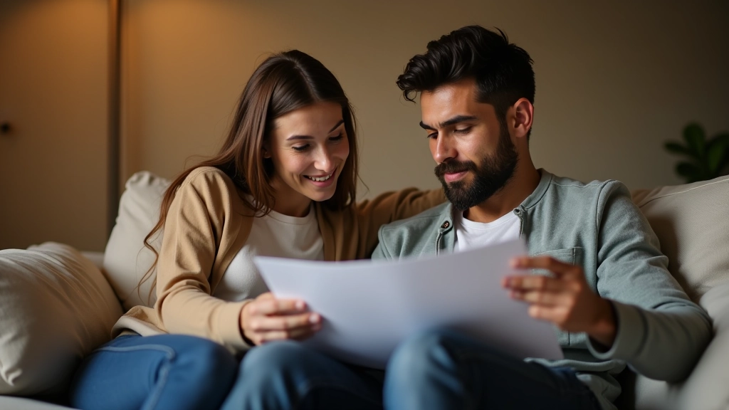 Pareja en reunión financiera mensual revisando progreso, sonriendo y tomando notas juntos