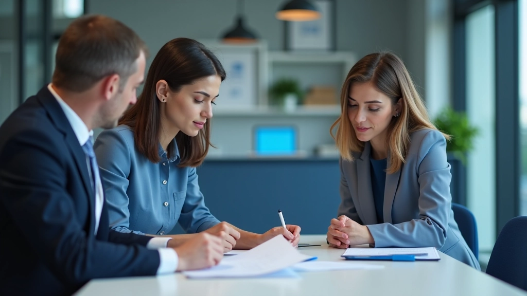 Pareja en consultoría bancaria con asesor, revisando documentos y sonriendo, oficina profesional de banco