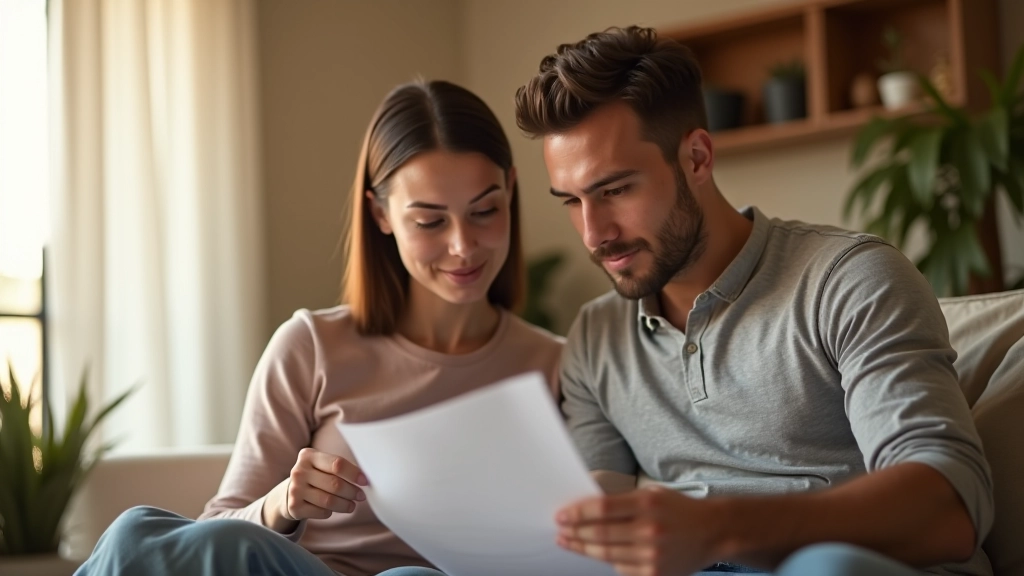 Mujer y hombre mirando extracto bancario en papel, casa moderna, luz de tarde, expresión de concentración