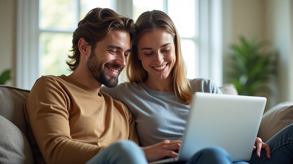 Dos personas sonriendo mientras revisan extracto bancario en la pantalla del portátil, ambiente luminoso y cálido