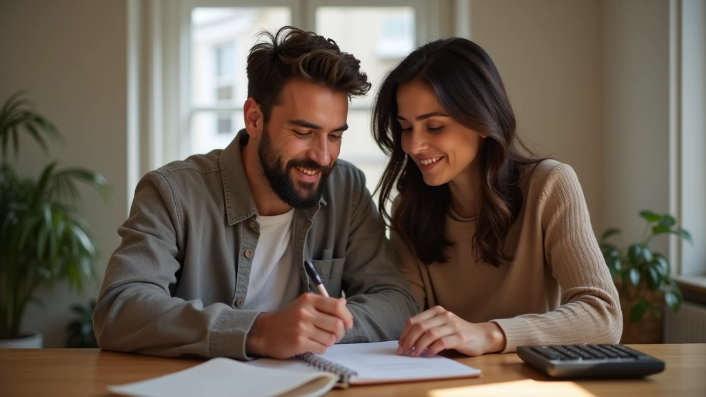 Pareja organizando presupuesto compartido con libreta y calculadora