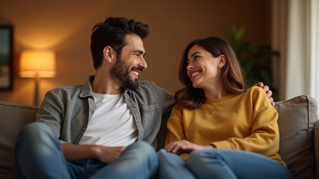 Pareja teniendo conversación relajada sobre dinero en sofá del hogar