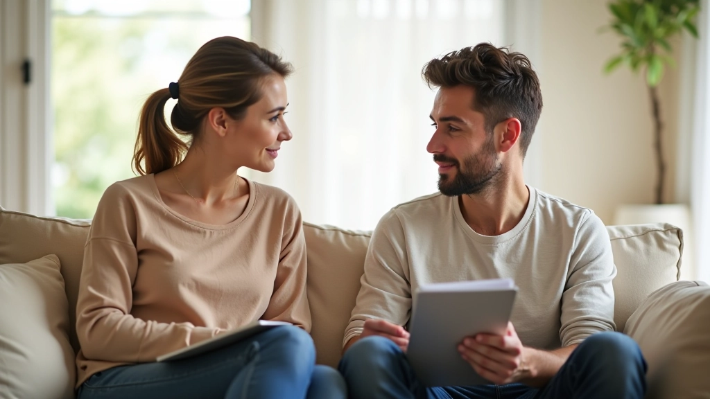 Dos personas en sofá manteniendo conversación tranquila, una con libreta, ambiente relajado en sala de estar moderna
