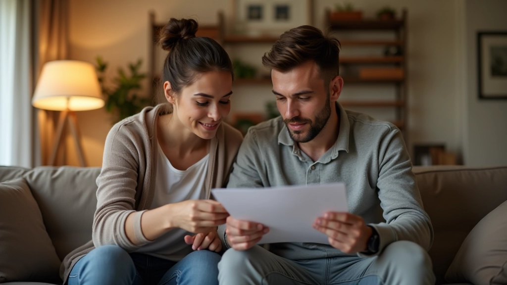 Pareja revisando documentos financieros juntos en casa
