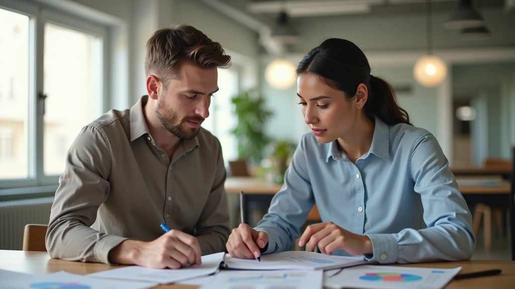 Pareja en ambiente profesional analizando estrategia financiera
