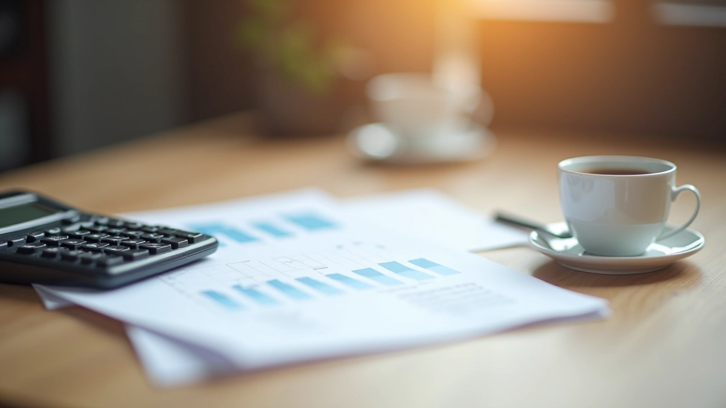 Calculadora y documentos financieros sobre escritorio de madera, café al lado, luz cálida de oficina