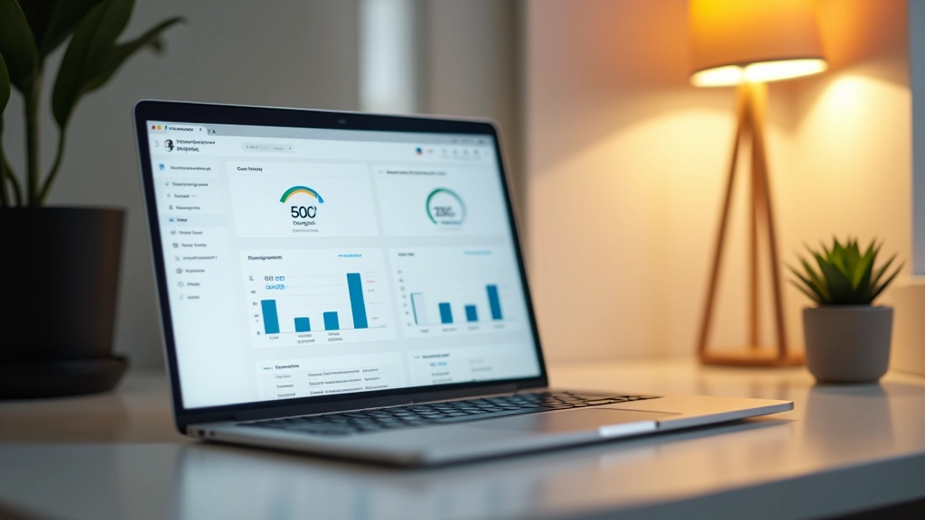 Portátil mostrando aplicación de banca, gráficos financieros claros en pantalla, escritorio limpio con plantas, luz cálida