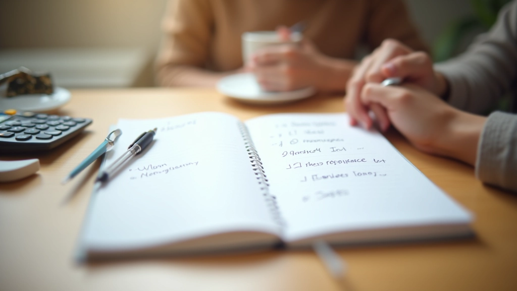 Libreta abierta con notas manuscritas, bolígrafo, calculadora y café sobre escritorio, ambiente de planificación personal