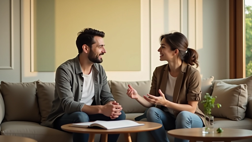 Pareja conversando sobre finanzas en una sala moderna con luz natural, ambiente tranquilo y acogedor