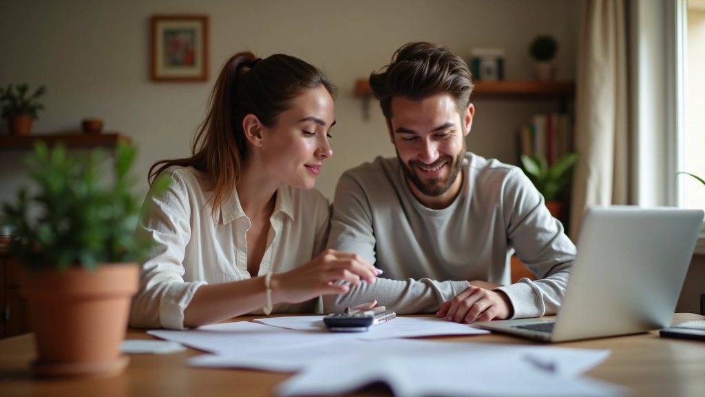 Pareja joven analizando documentos financieros en casa, computadora portátil y calculadora sobre mesa de madera