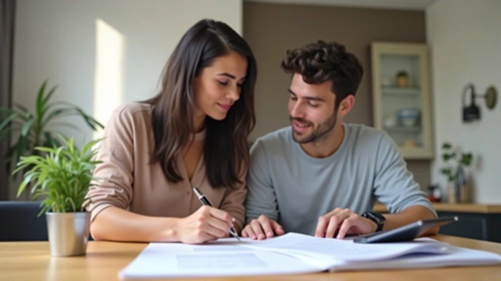 Pareja joven planificando objetivos financieros compartidos en casa, documentos y calculadora sobre mesa de madera