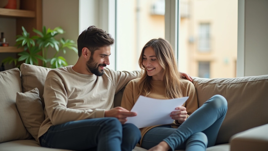 Pareja joven sentada en sofá en casa moderna, revisando documentos financieros juntos, luz natural de ventana, atmósfera de colaboración