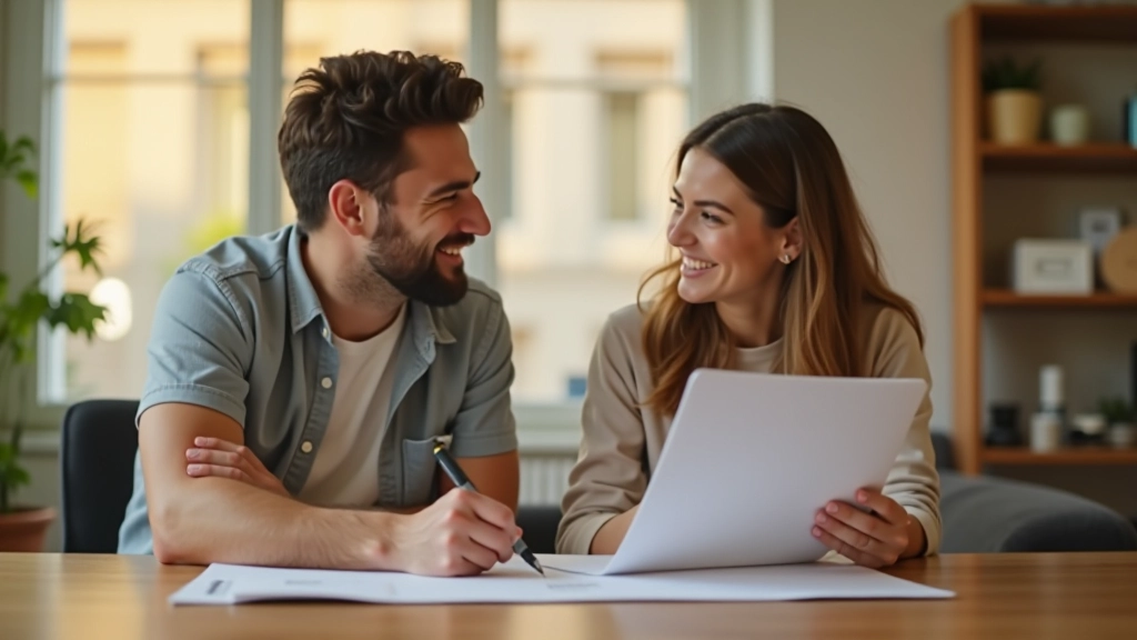 Pareja planificando futuro financiero, calendario y metas escritas