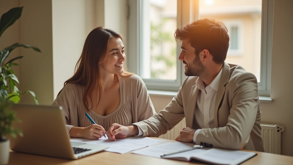 Pareja planificando metas financieras a largo plazo, visión compartida de futuro