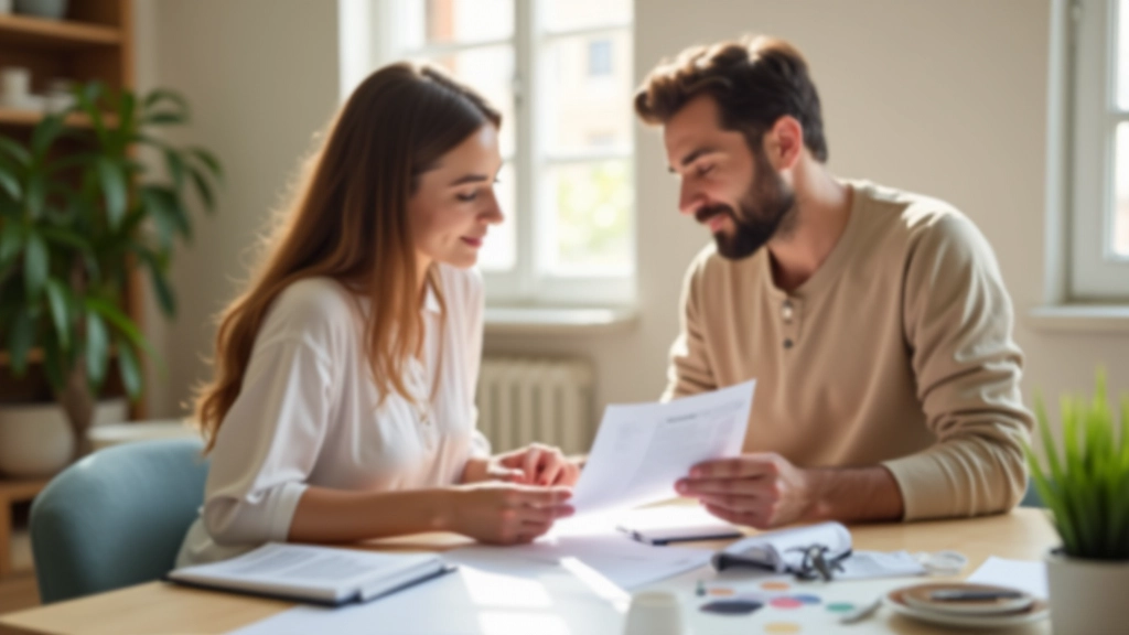 Pareja revisando documentos financieros juntos, ilustración de coordinación de cuentas