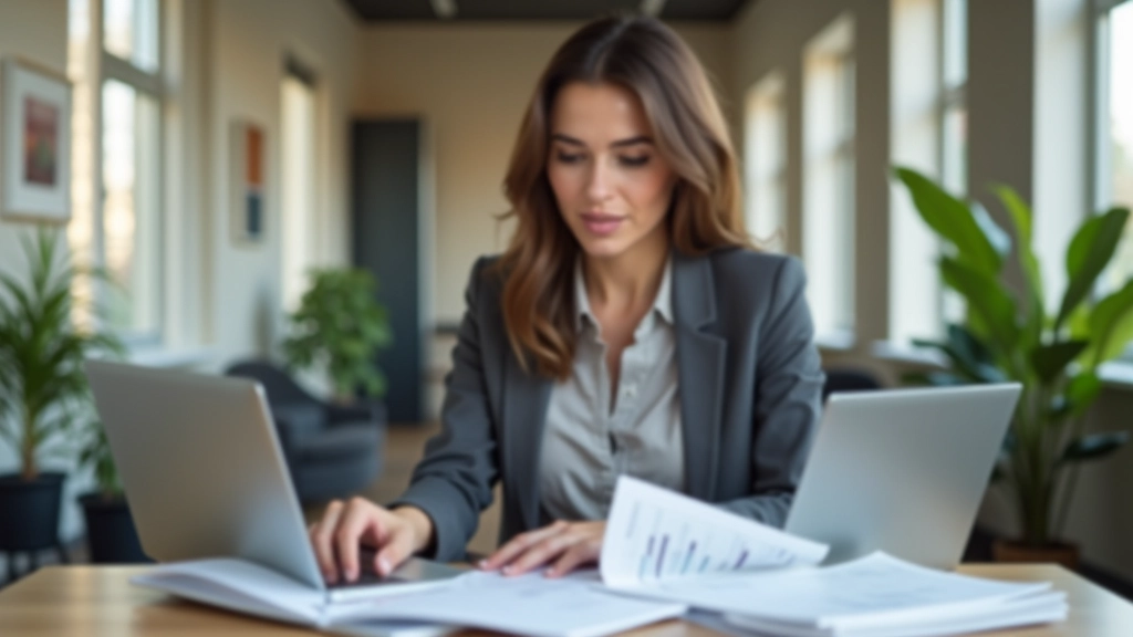 Mujer economista en su escritorio con documentos y laptop, revisando datos de finanzas familiares, oficina moderna con luz natural